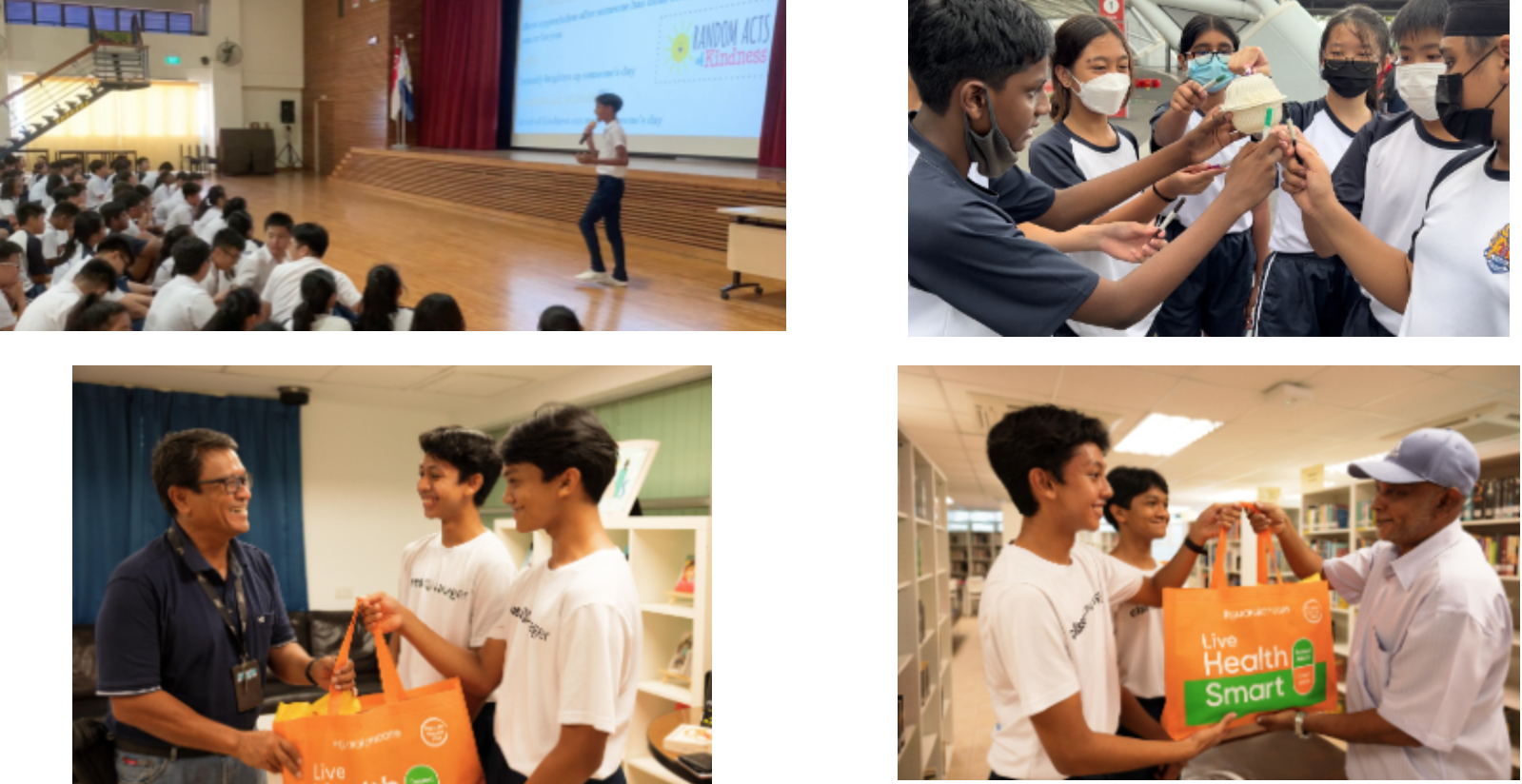 Four school scenes: assembly talk, students building a model, and teens handing orange bags to elderly men.